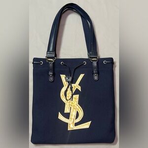Authentic Yves Saint Laurent Navy Tote Bag Canvas Cosmetics Gold Logo